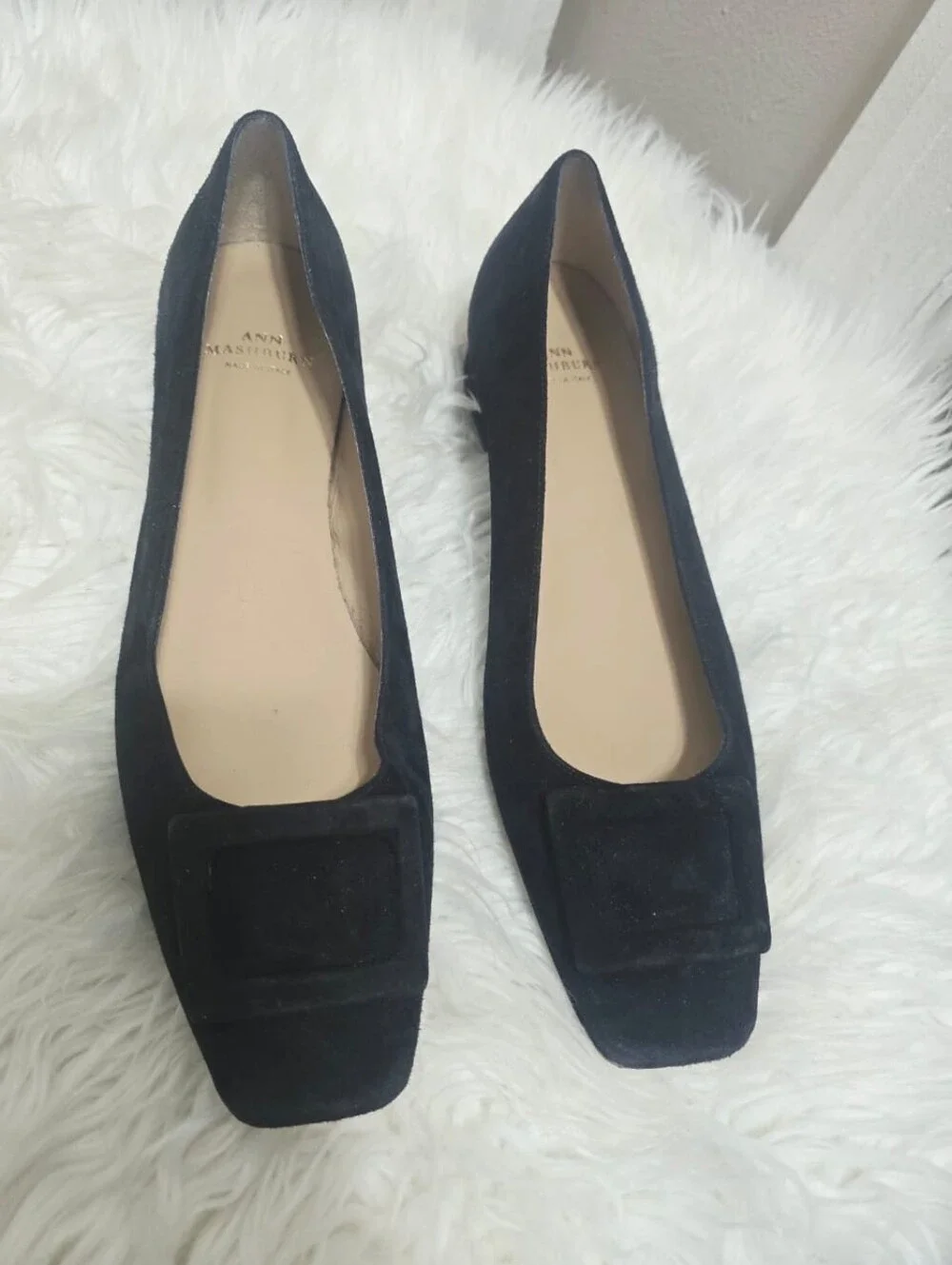 ANN MASHBURN Buckle Heel Black Suede size 38 US 9.5 small heel flats